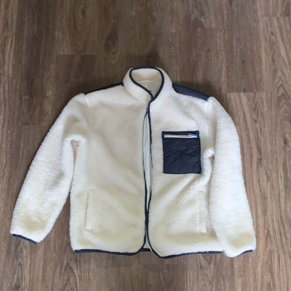 Fleece Sherpa Zip Up Jacket White and Blue Navy L